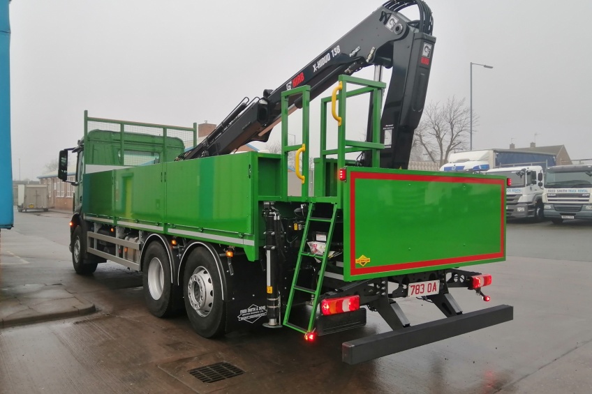 builders merchants dropside, mercedes benz antos,  paint, rear mount crane, gantry, paint, tool box, aluminium checker plate storage, advert board, staircase access into body, hand rail