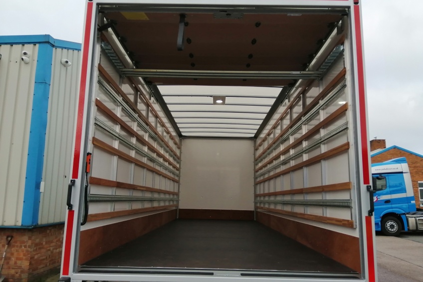 GRP box body, tuck under tail lift, tuck away tail lift, scania, roller shutter door, load lock, tie rails